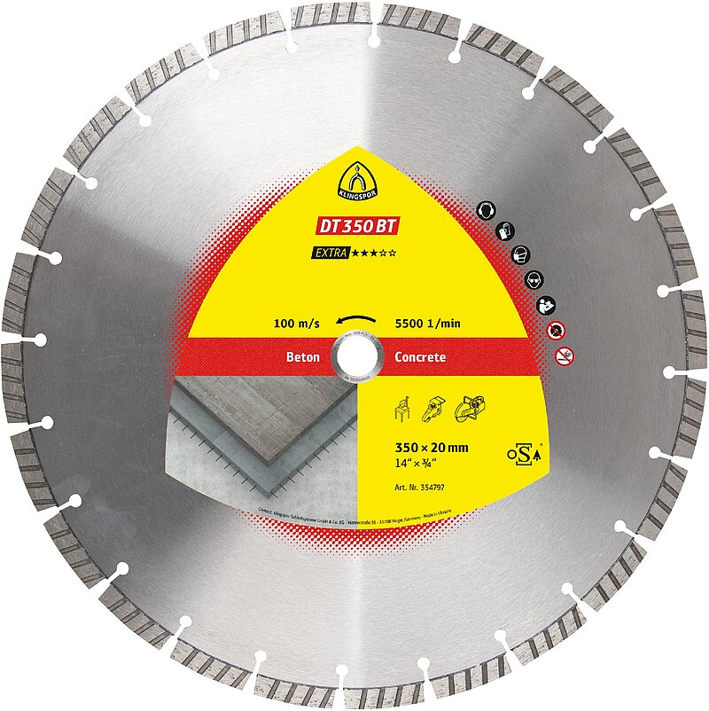 Klingspor - DT 350 BT Diamanttrennscheibe, 350 x 3 x 25,4 mm 24 Segmente 40 x 3 x 10 mm, Standard Turbo