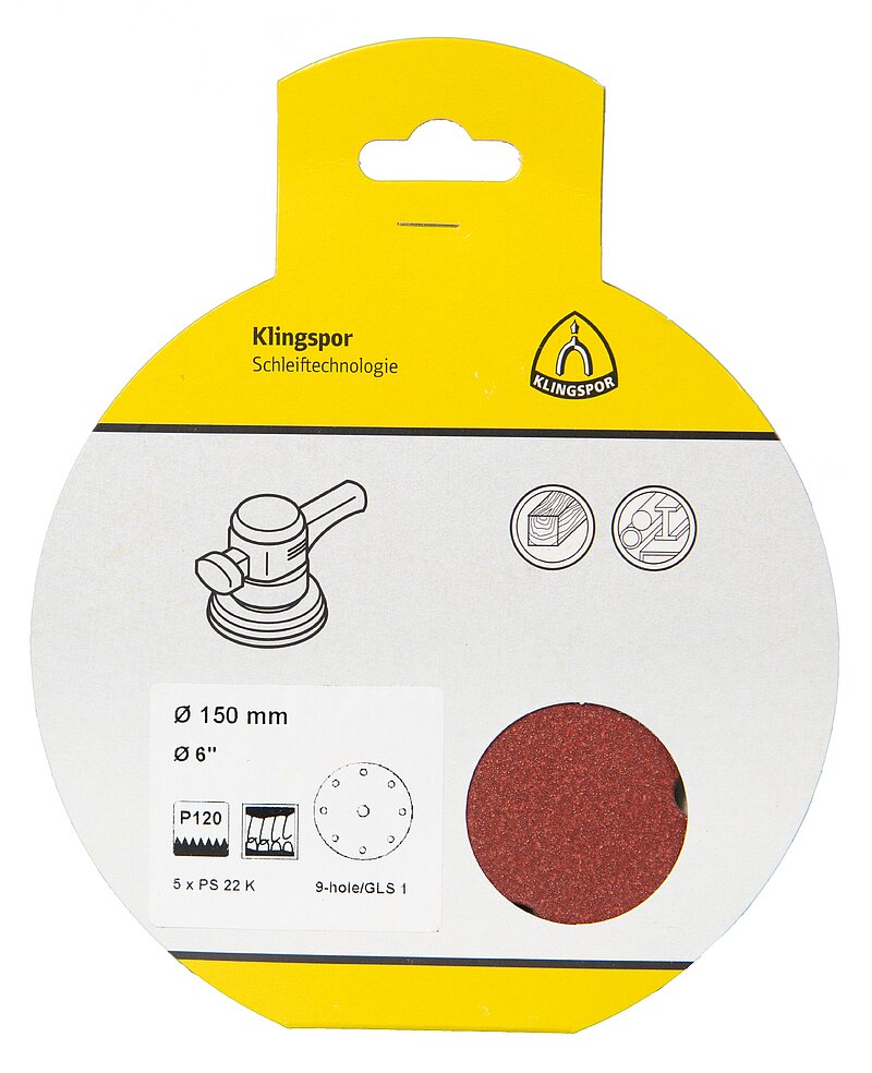 Klingspor - PS 22 K Scheibe kletthaftend, 150 mm Korn 60 Lochform GLS1, SB-verpackt im Reiter