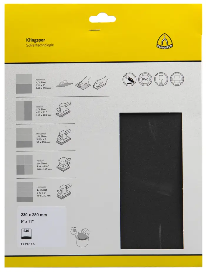 Klingspor - PS 11 A S.a.U. Bogen wasserfest, 230 x 280 mm Korn 240, SB-verpackt im Reiter